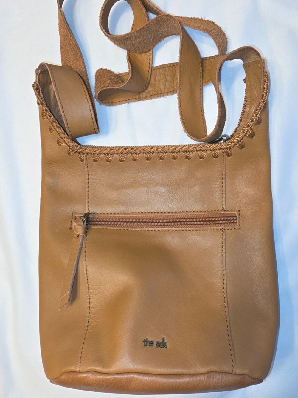 The Sak Asher Leather Crossbody Bag Neutral Tan Soft Strap Stitched Crochet Trim